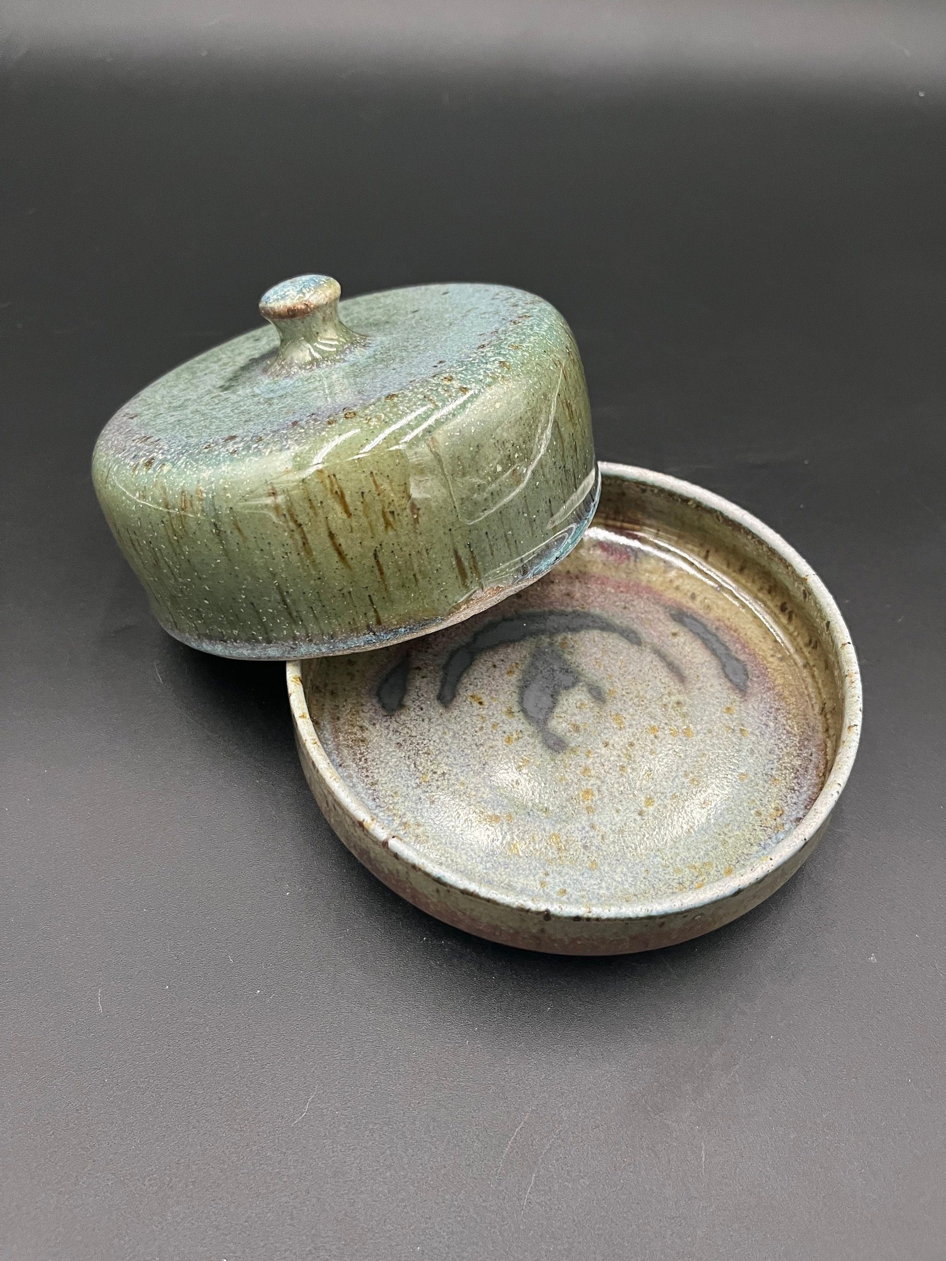 Handmade Wood fired Blue-Green Ceramic Butter Dish