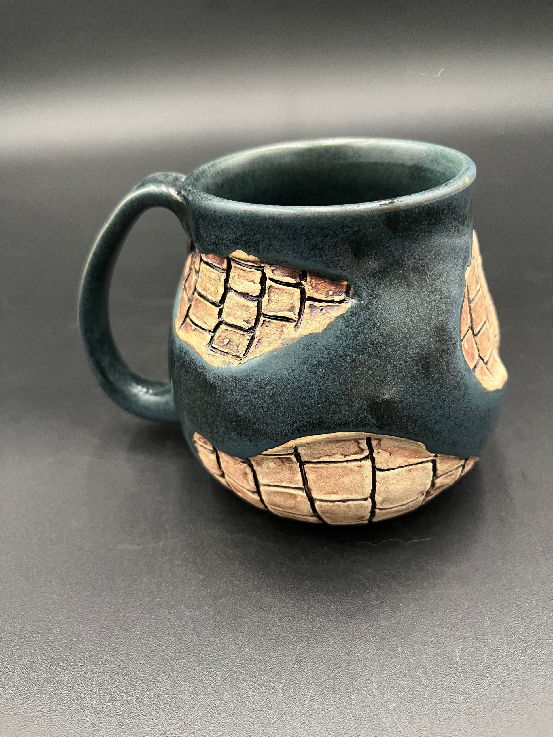 Handmade Ceramic Blue Mug with Carved Bricks - inspired by Diagon Alley