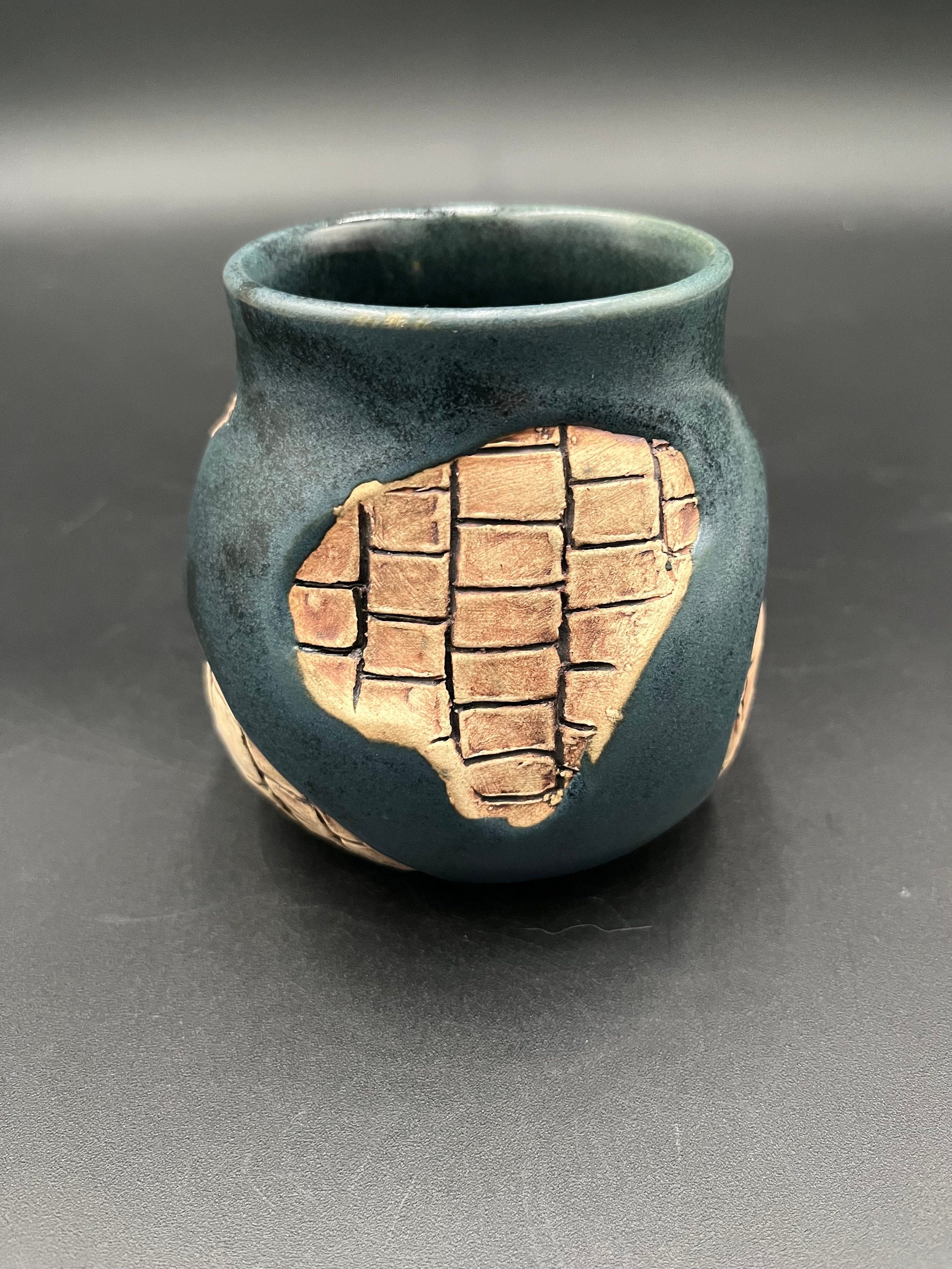 Handmade Ceramic Blue Mug with Carved Bricks - inspired by Diagon Alley