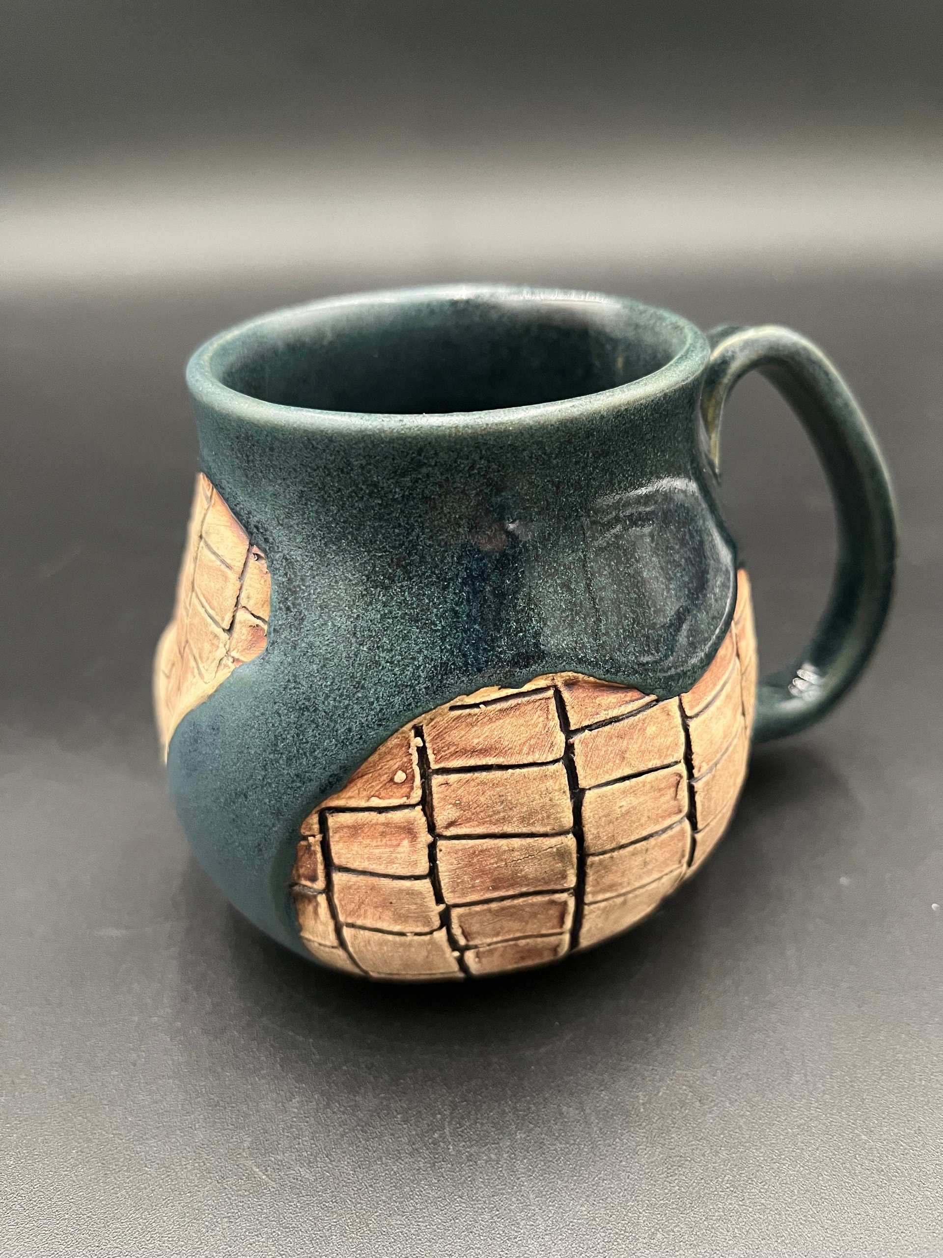 Handmade Ceramic Blue Mug with Carved Bricks - inspired by Diagon Alley