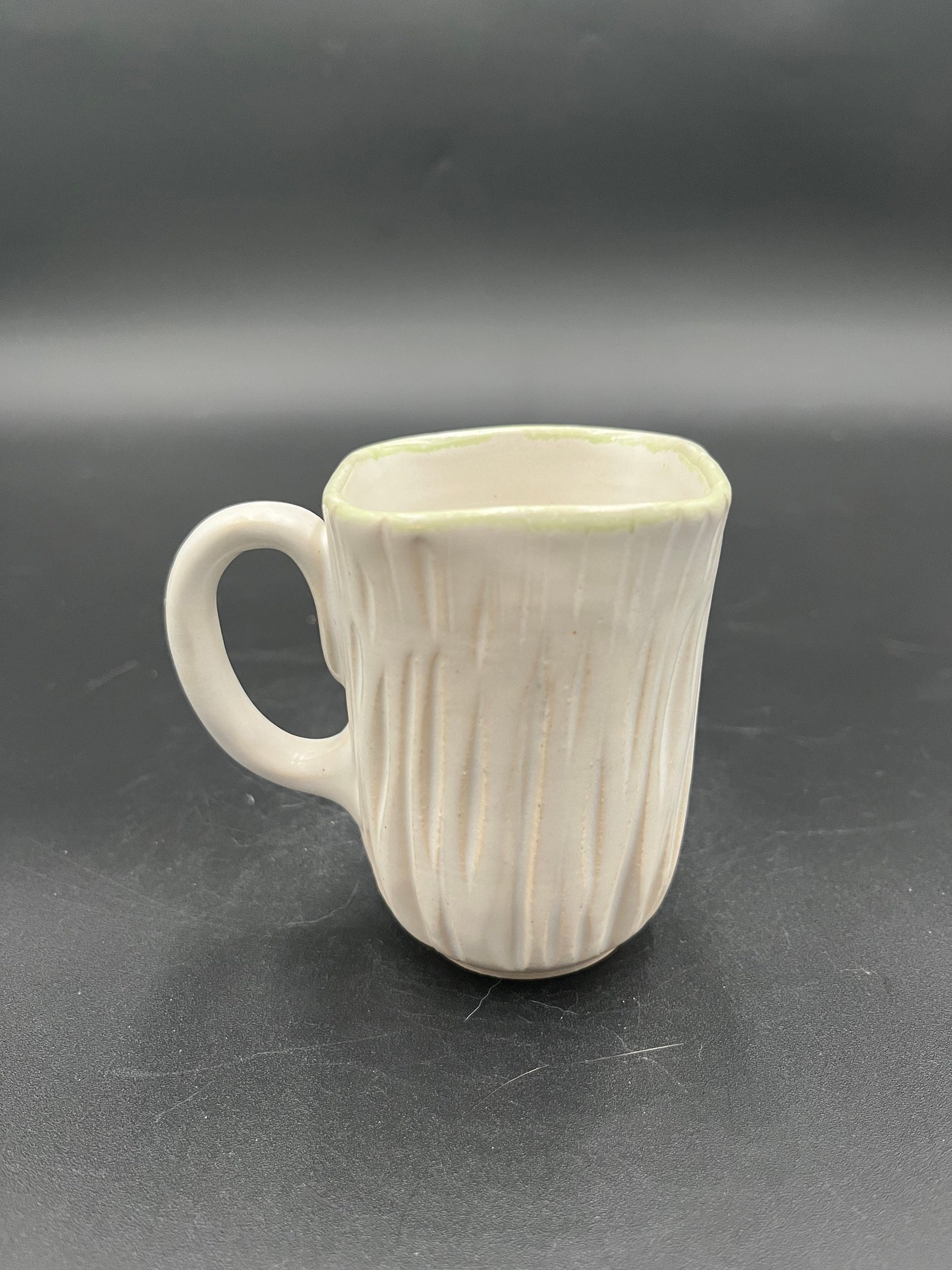 Small Carved Handmade Ceramic White Mug - great for espresso
