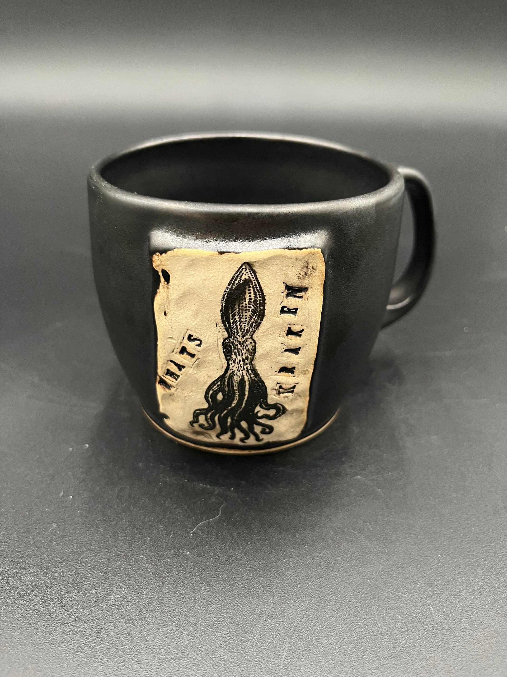 Handmade Ceramic “What’s Kraken” Squid Inspired Black Mug
