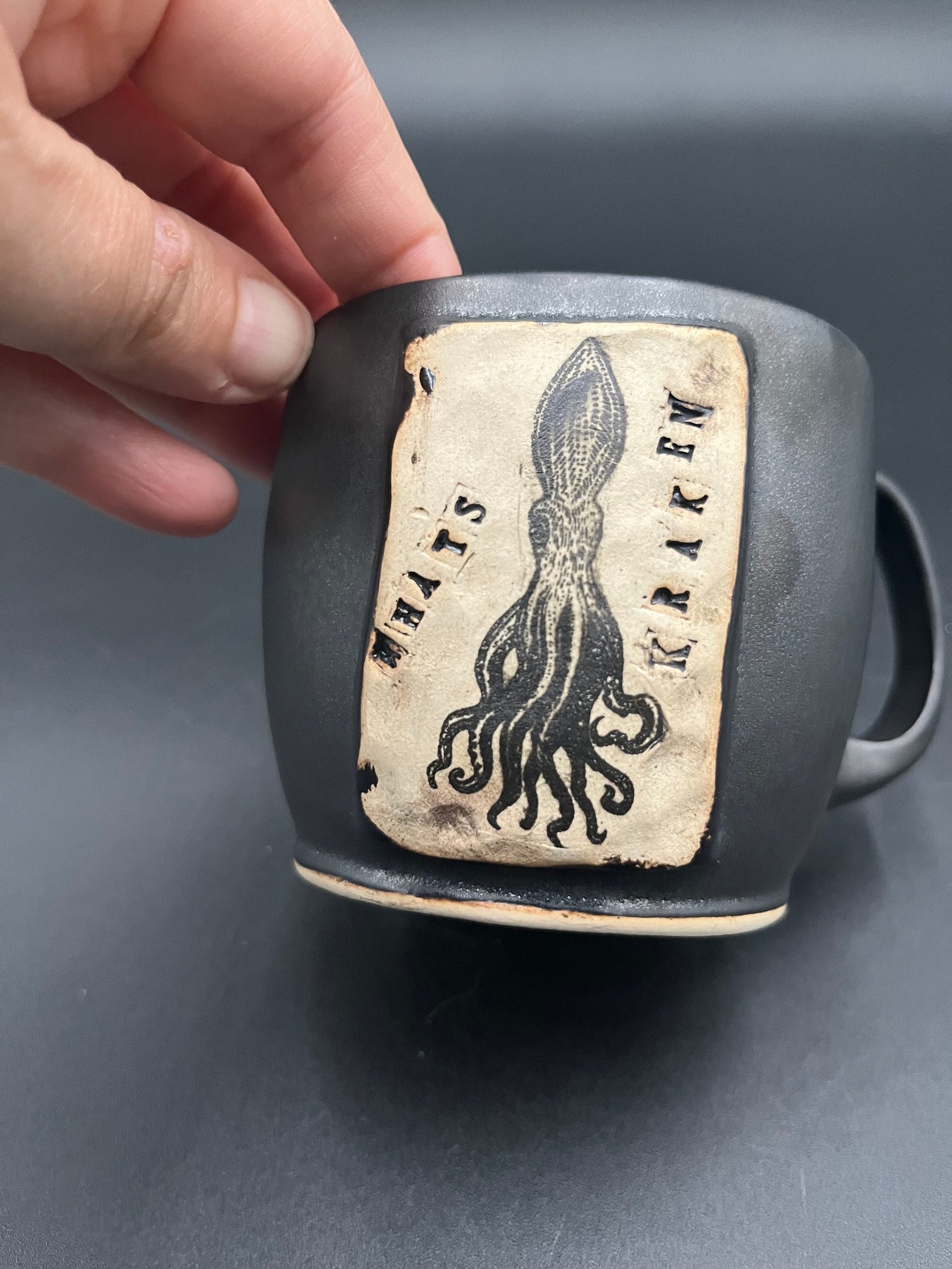 Handmade Ceramic “What’s Kraken” Squid Inspired Black Mug