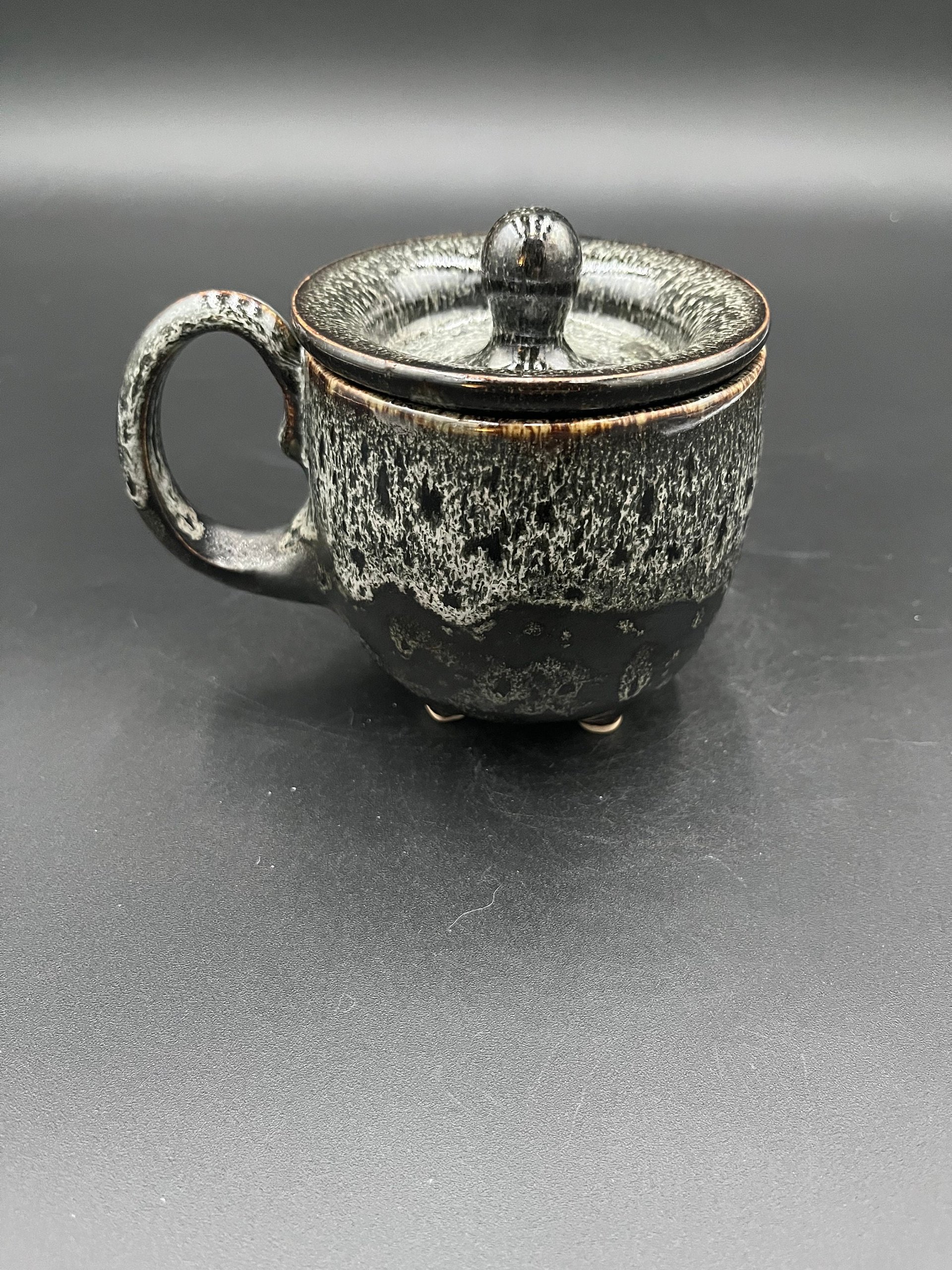 Handmade Ceramic Cauldron Inspired Black and White Mug - top included