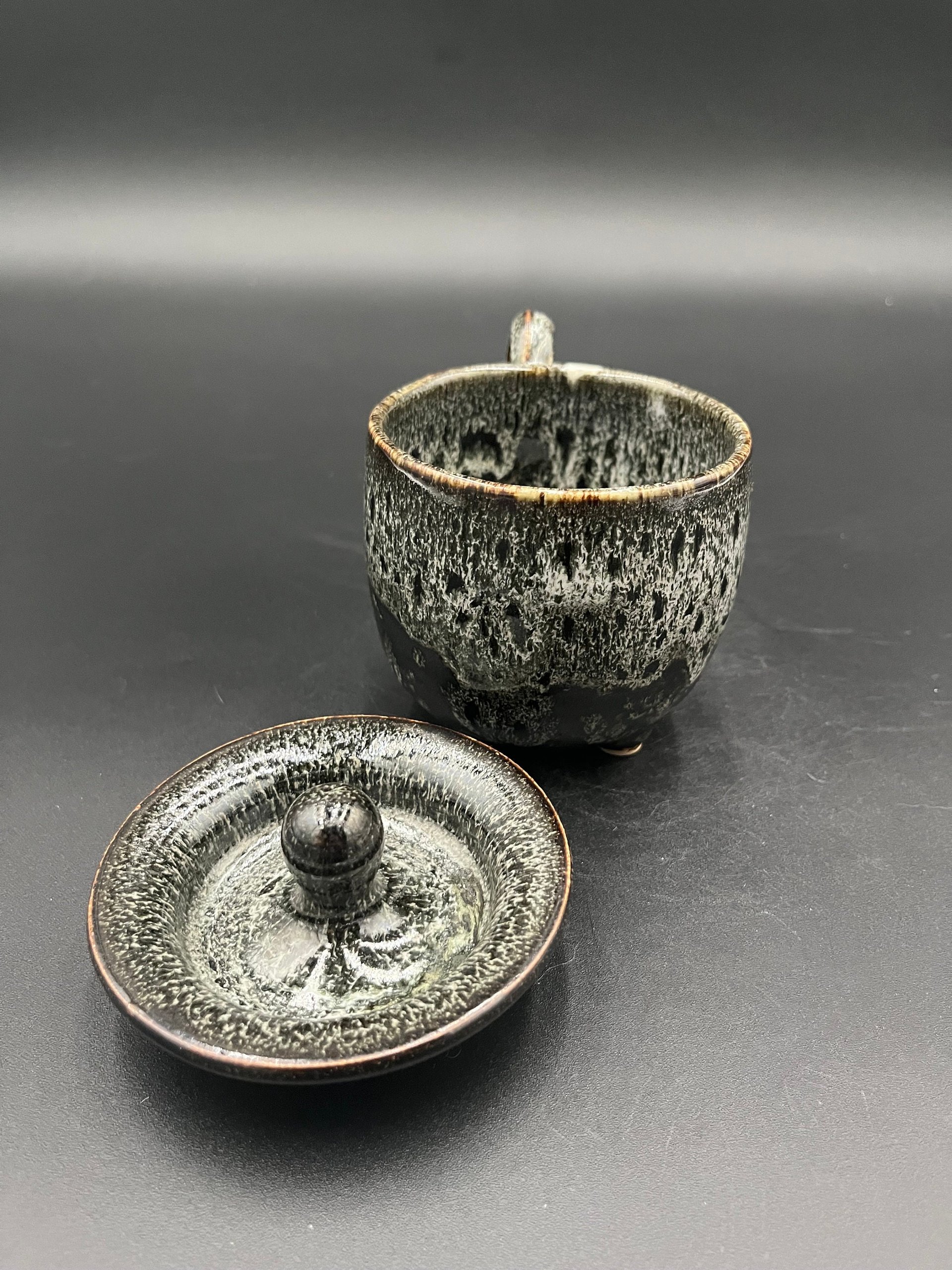 Handmade Ceramic Cauldron Inspired Black and White Mug - top included