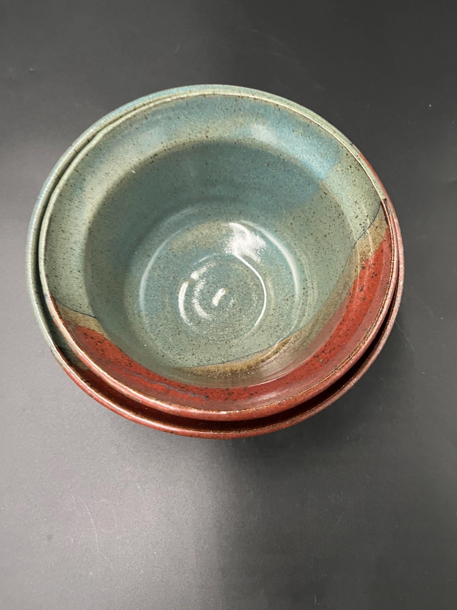 Handmade Earthy Blue-Green and Red Speckled Ceramic Stacking Bowl Set