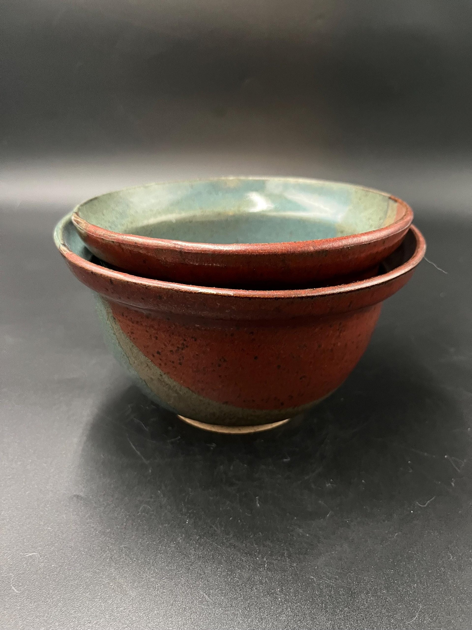 Handmade Earthy Blue-Green and Red Speckled Ceramic Stacking Bowl Set