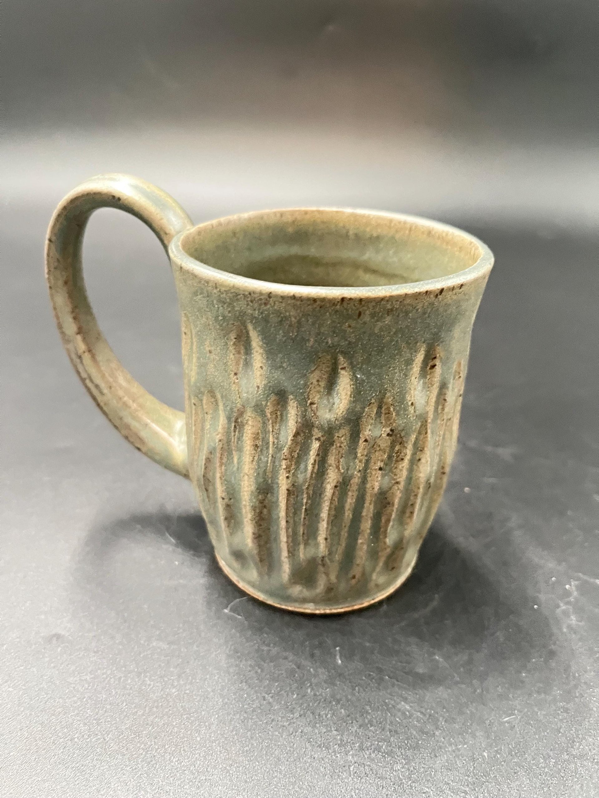 Handmade Carved Smokey Gray Ceramic Mug