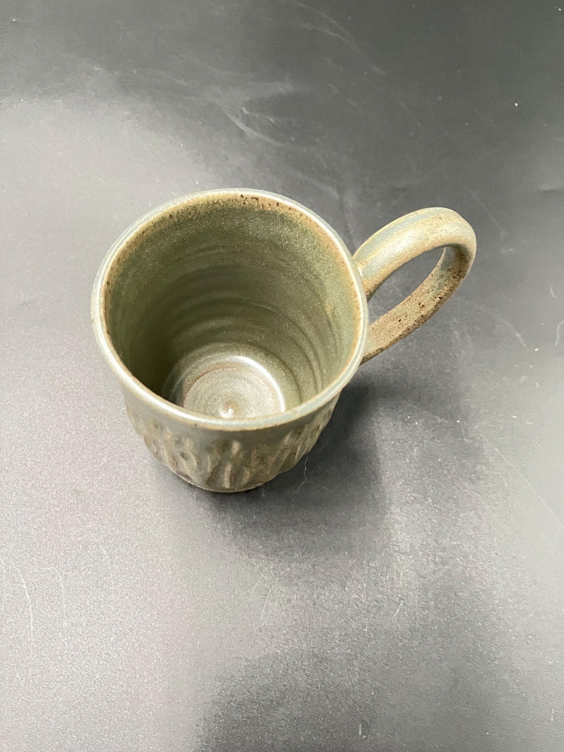 Handmade Carved Smokey Gray Ceramic Mug