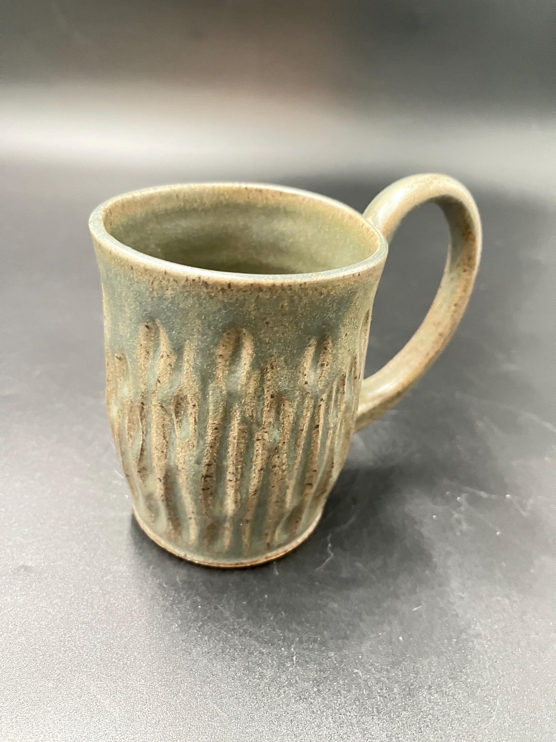Handmade Carved Smokey Gray Ceramic Mug