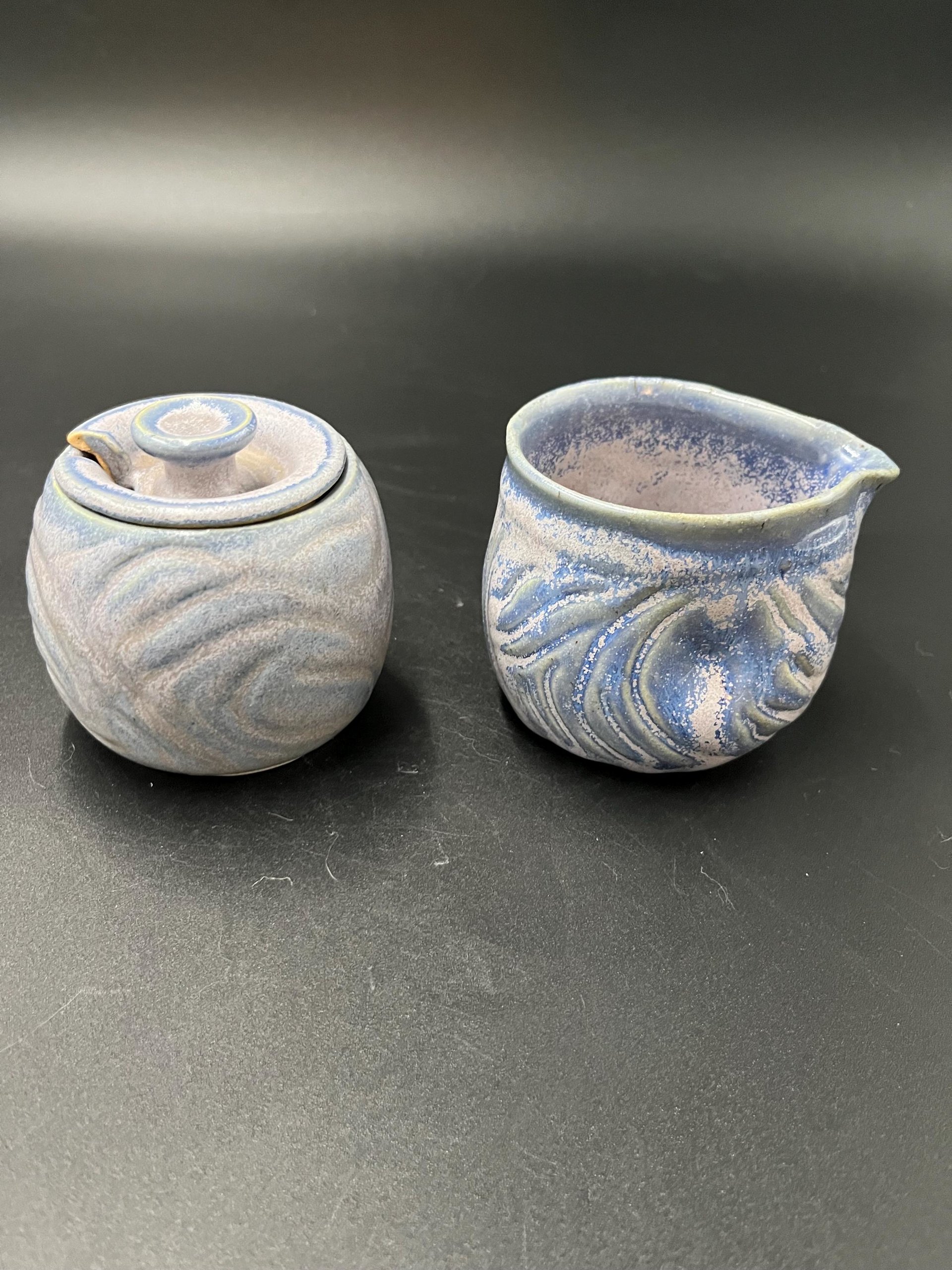 Carved Purple and Blue Cream and Sugar Set