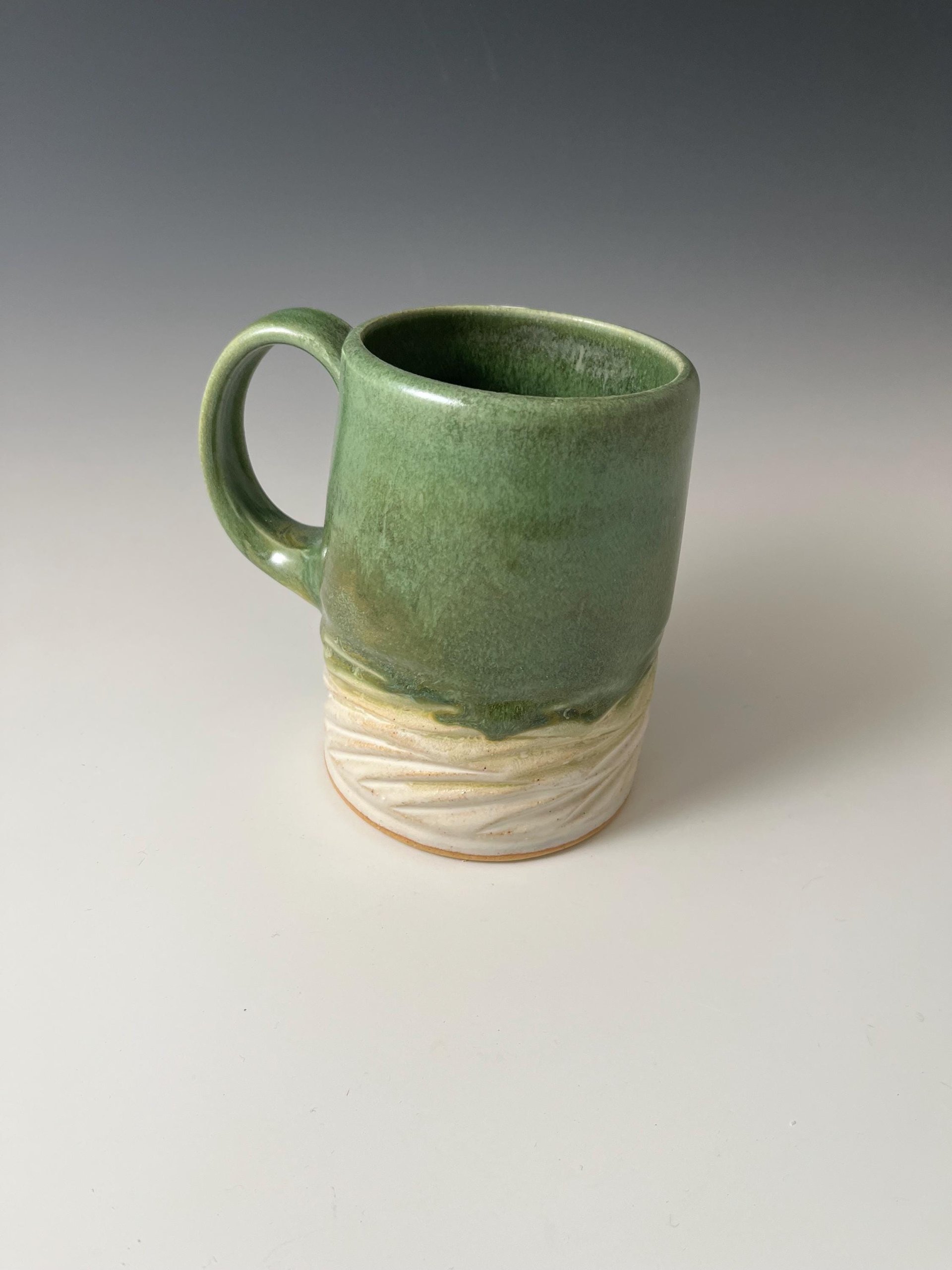 Large Handmade Ceramic Green and White Carved Mug