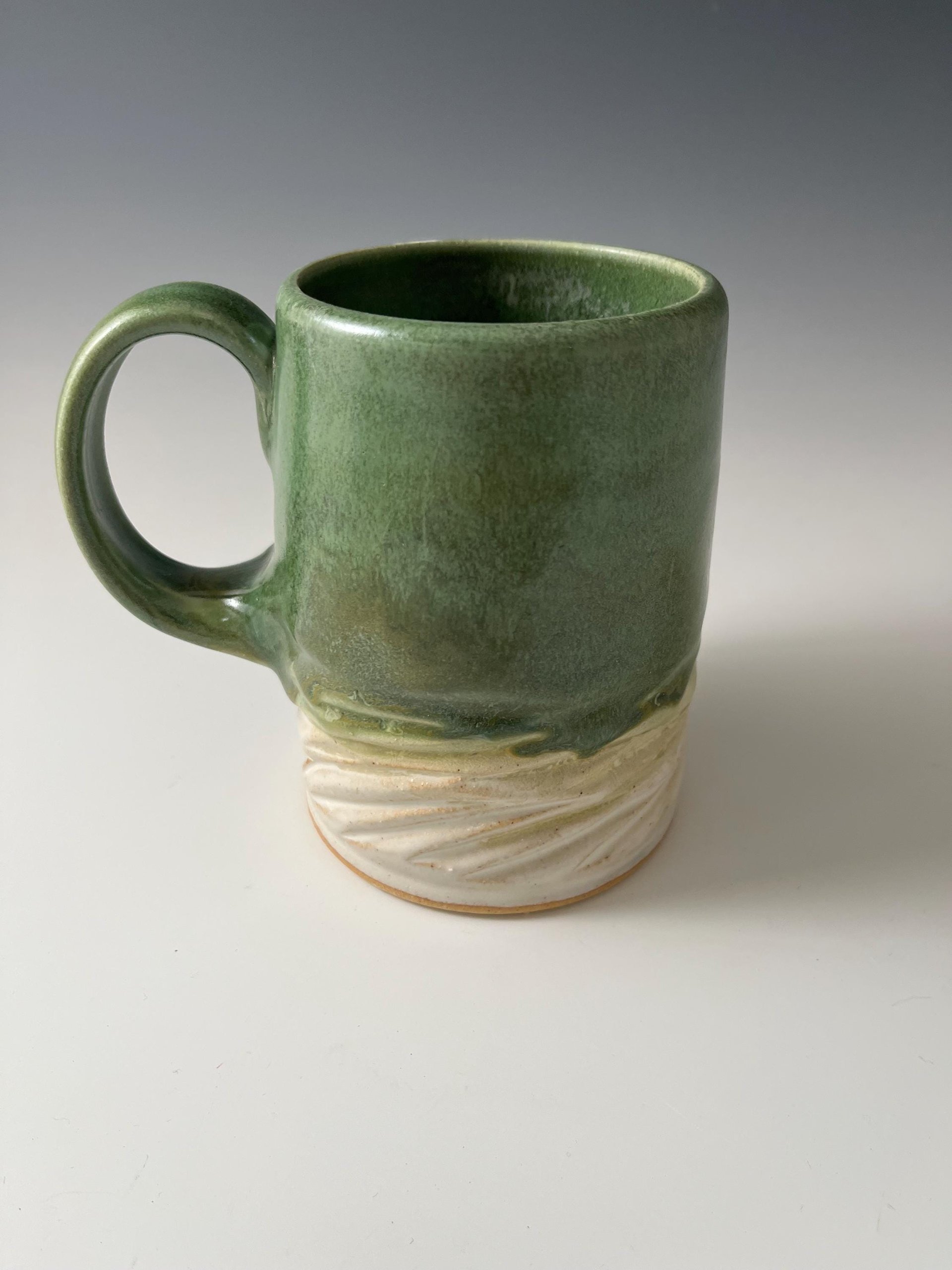Large Handmade Ceramic Green and White Carved Mug