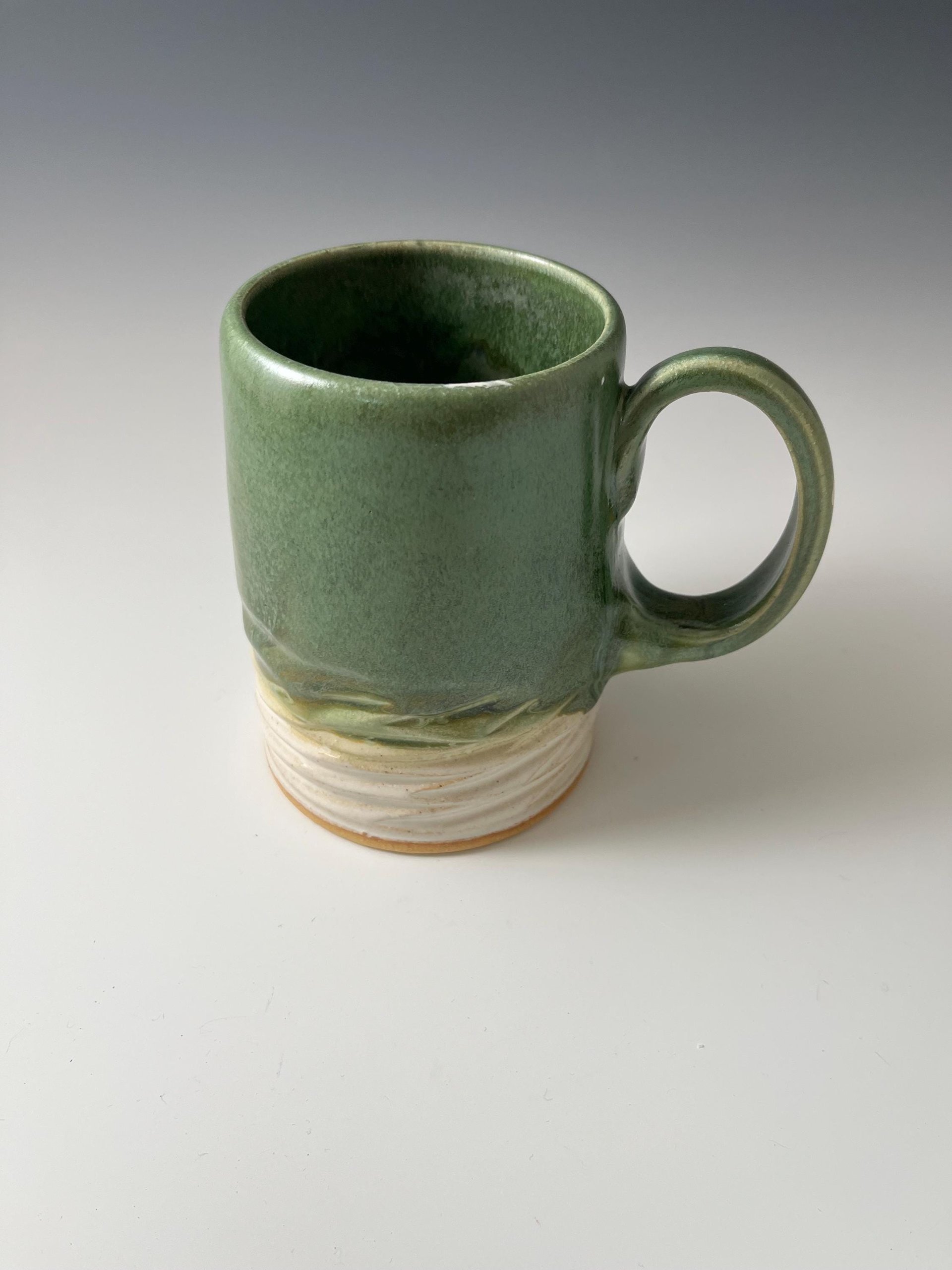 Large Handmade Ceramic Green and White Carved Mug