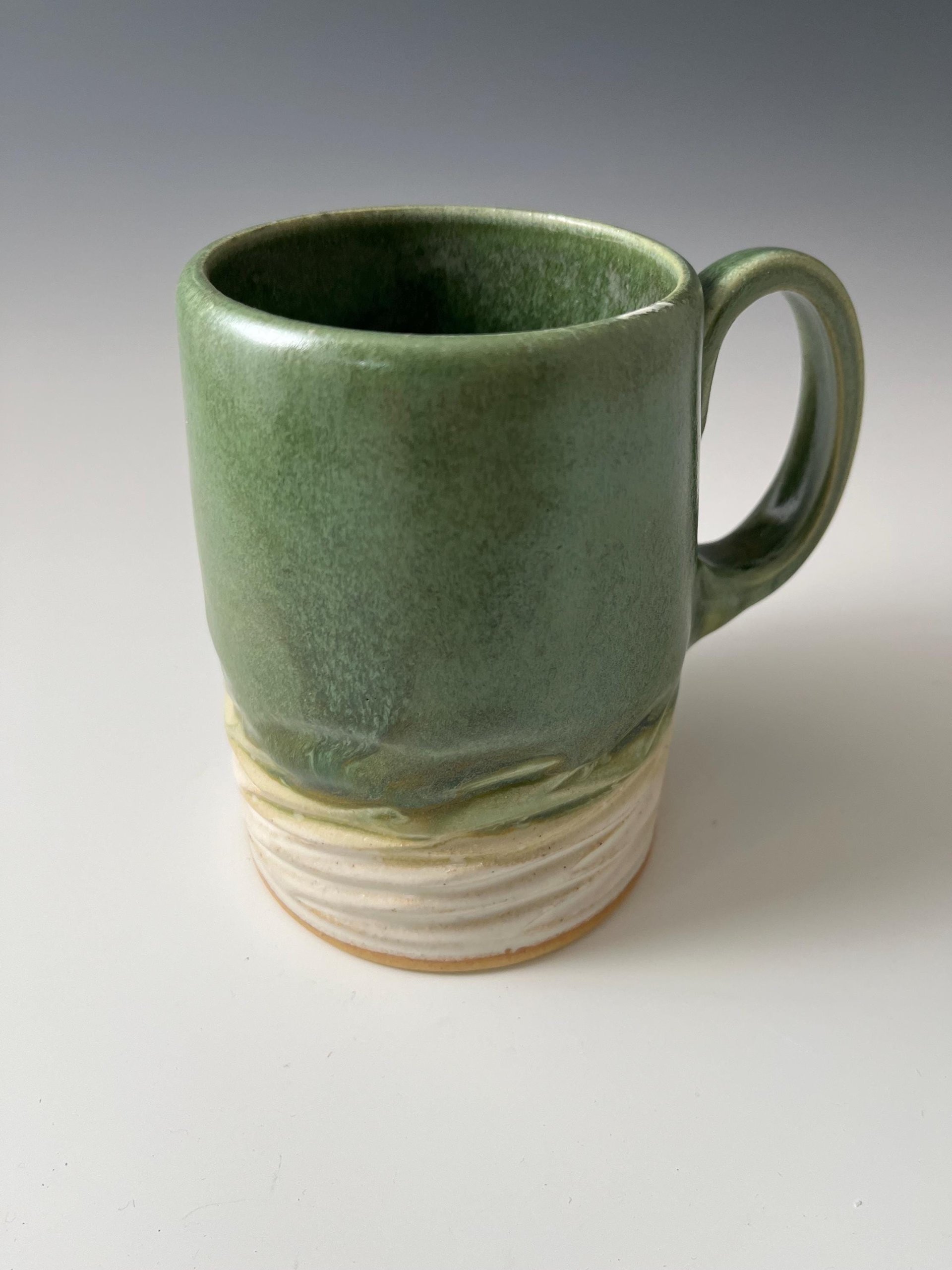 Large Handmade Ceramic Green and White Carved Mug