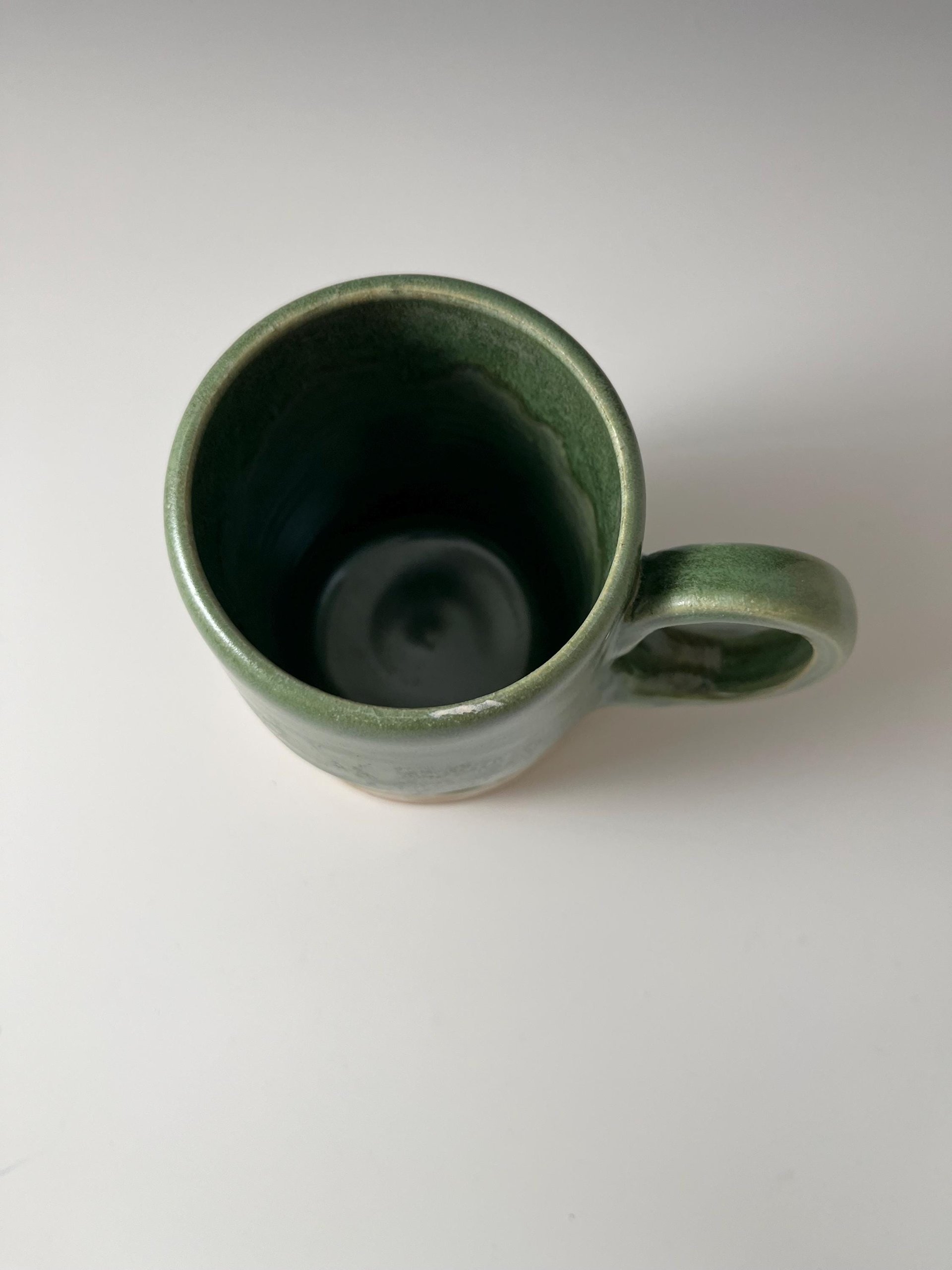 Large Handmade Ceramic Green and White Carved Mug