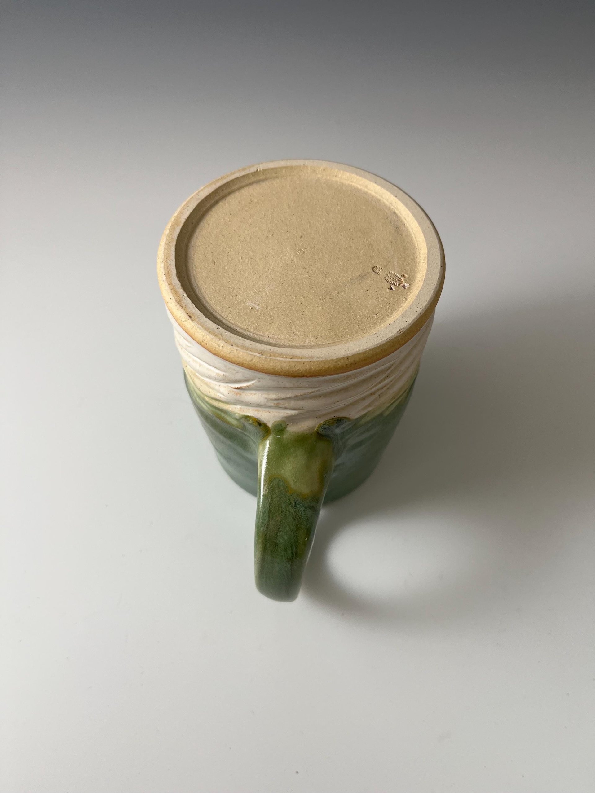 Large Handmade Ceramic Green and White Carved Mug