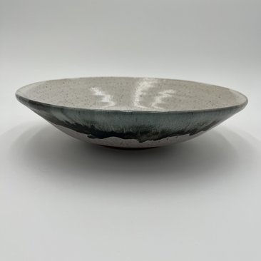 Handmade White Speckled Ceramic Serving Bowl with Black and Grey Accents