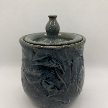 Handmade Blue Carved Ceramic Lidded Jar