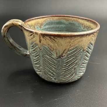 Handmade Herringbone Carved Blue and Honey Mug