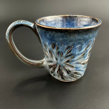 Handmade Carved Blue Ceramic Mug