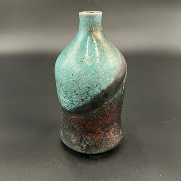 Handmade Green and Copper Crackle Ceramic vase - Raku fired