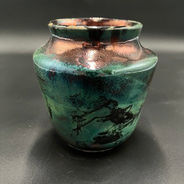 Handmade Green and Copper Irridescent Ceramic vase - Raku fired