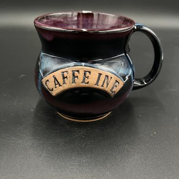 Large Handmade Black, Green, and Purple Ceramic Caffeine Mug