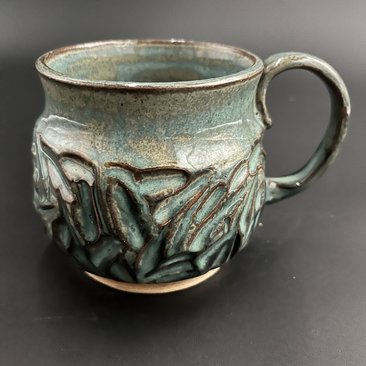 Handmade Carved Ceramic Blue and Green Mug