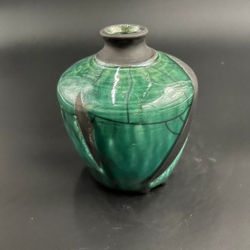 Handmade Iridescent Green Ceramic Vase - Raku fired