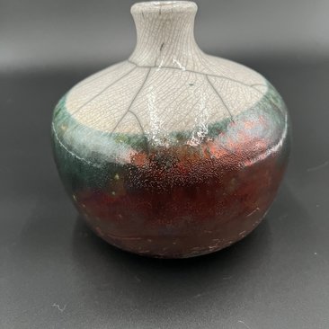 Copper, Green, and White Crackle Ceramic Bottle Vase - Raku fired