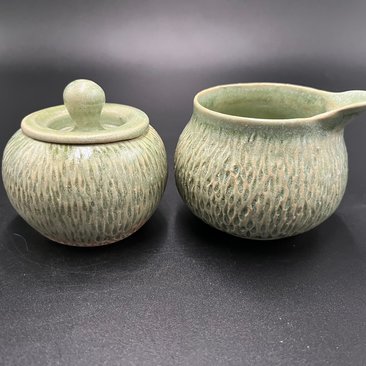 Handmade Carved Green Ceramic Cream and Sugar Set