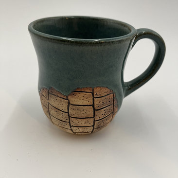 Handmade Blue and Green Mug with Carved Bricks