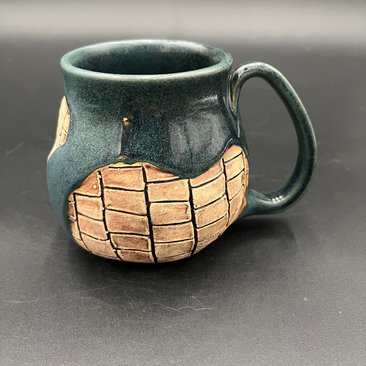 Handmade Ceramic Blue Mug with Carved Bricks - inspired by Diagon Alley