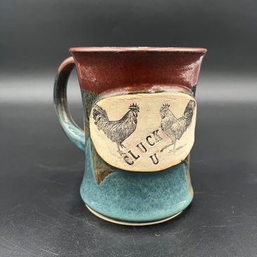 Handmade Ceramic Chicken Inspired Earthy Blue and Red Mug - “Cluck You”