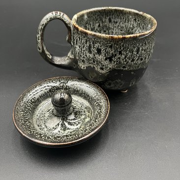 Handmade Ceramic Cauldron Inspired Black and White Mug - top included