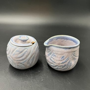 Carved Purple and Blue Cream and Sugar Set