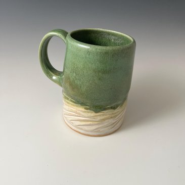 Large Handmade Ceramic Green and White Carved Mug