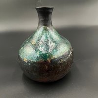 Irridescent Green Ceramic Bottle Vase - Raku fired