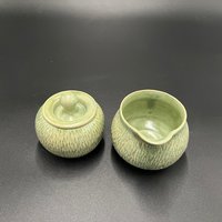 Handmade Carved Green Ceramic Cream and Sugar Set