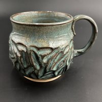 Handmade Carved Ceramic Blue and Green Mug
