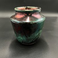 Handmade Green and Copper Irridescent Ceramic vase - Raku fired