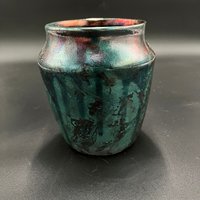 Handmade Green and Copper Irridescent Ceramic vase - Raku fired