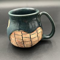 Handmade Ceramic Blue Mug with Carved Bricks - inspired by Diagon Alley