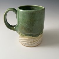 Large Handmade Ceramic Green and White Carved Mug