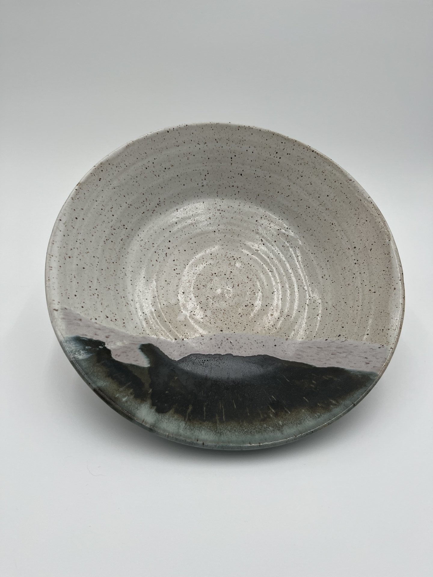 Handmade White Speckled Ceramic Serving Bowl with Black and Grey Accents