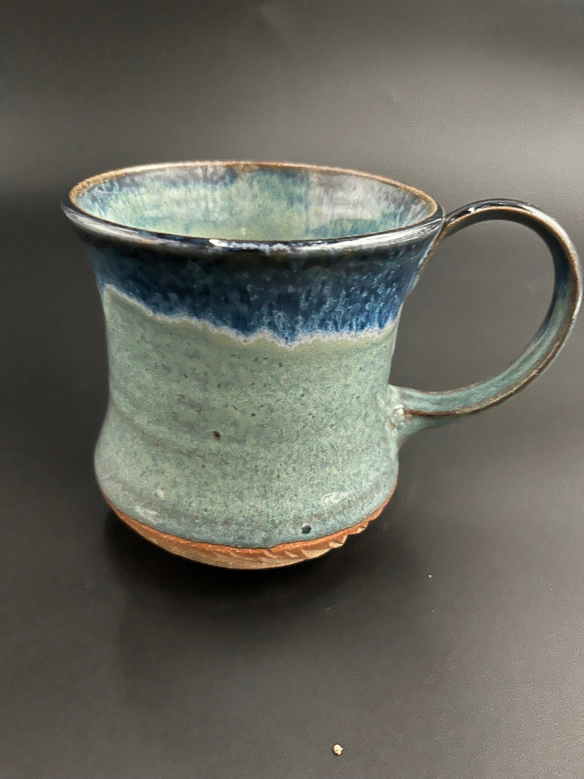 Handmade Carved Blue and Green Ceramic Tankard Mug