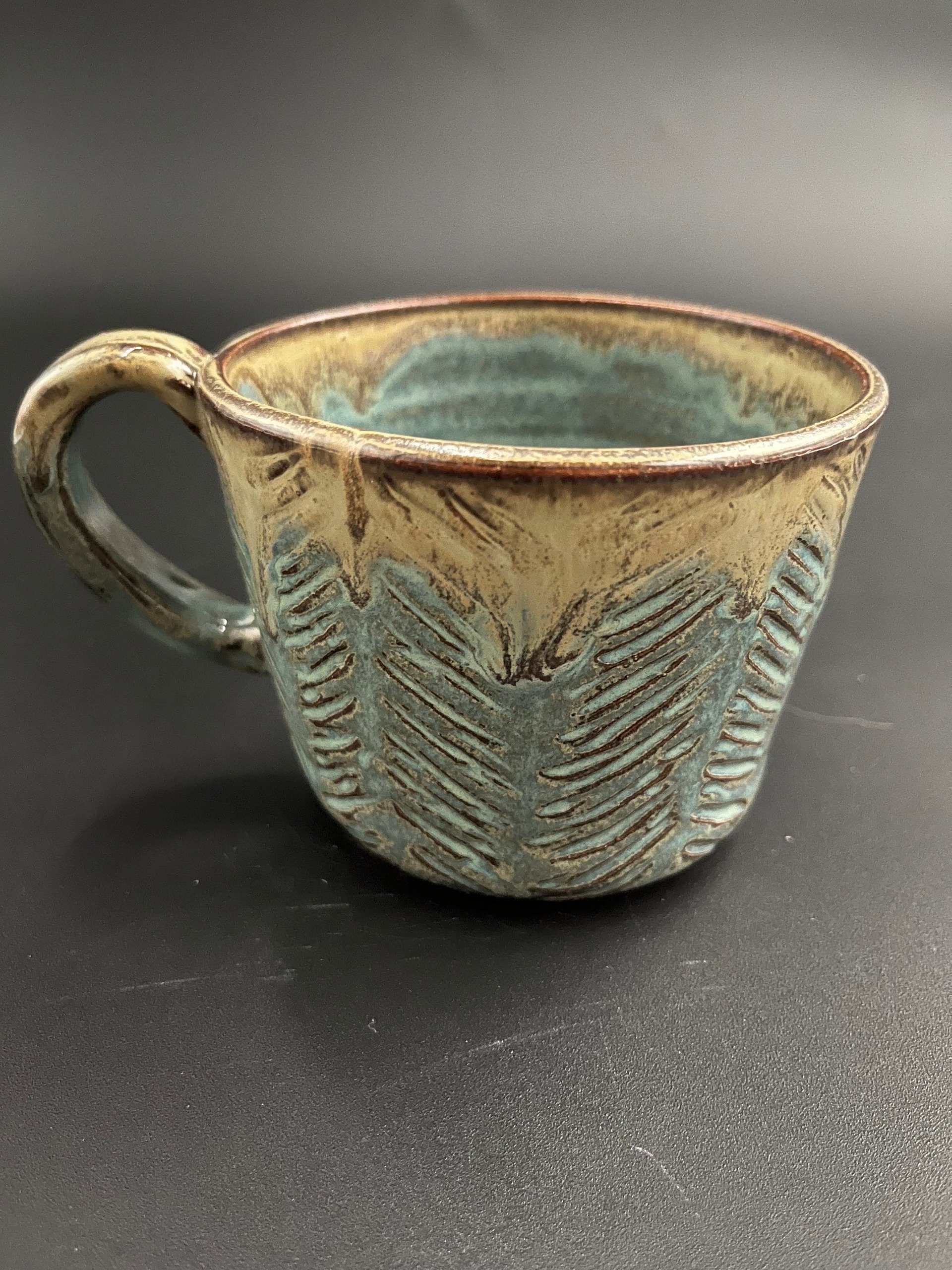 Handmade Herringbone Carved Blue and Honey Mug