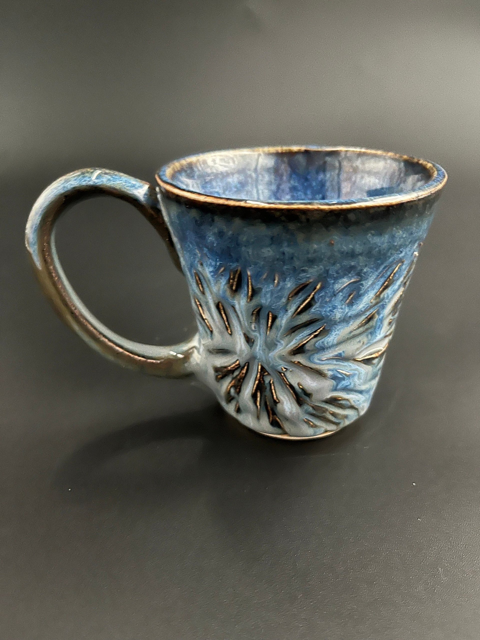 Handmade Carved Blue Ceramic Mug