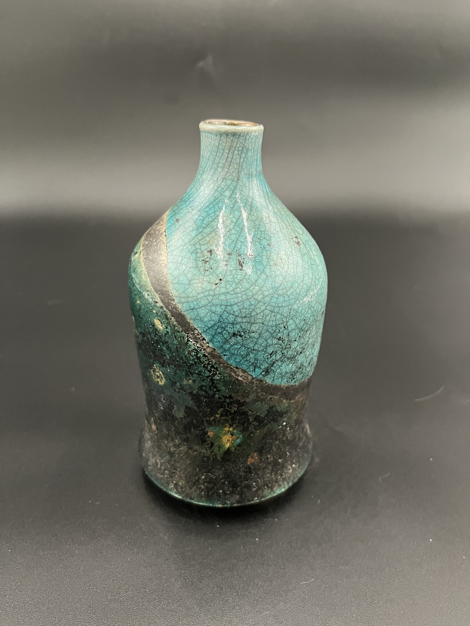 Handmade Green and Copper Crackle Ceramic vase - Raku fired